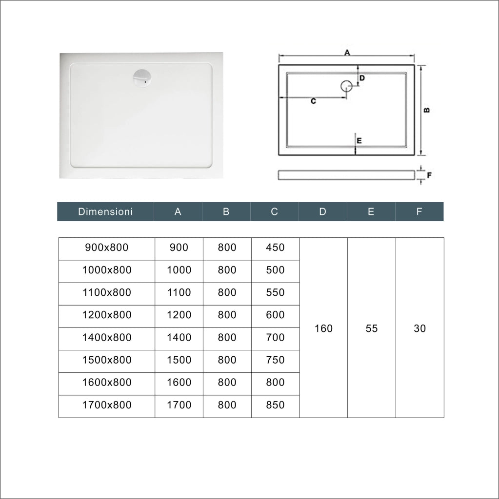 Piatto Doccia 100x80cm Bianco Spessore di 3 cm in Pietra Artificiale e Resina Minerale Mista Piletta Extra Piatta Sottile e Tubo inclusi