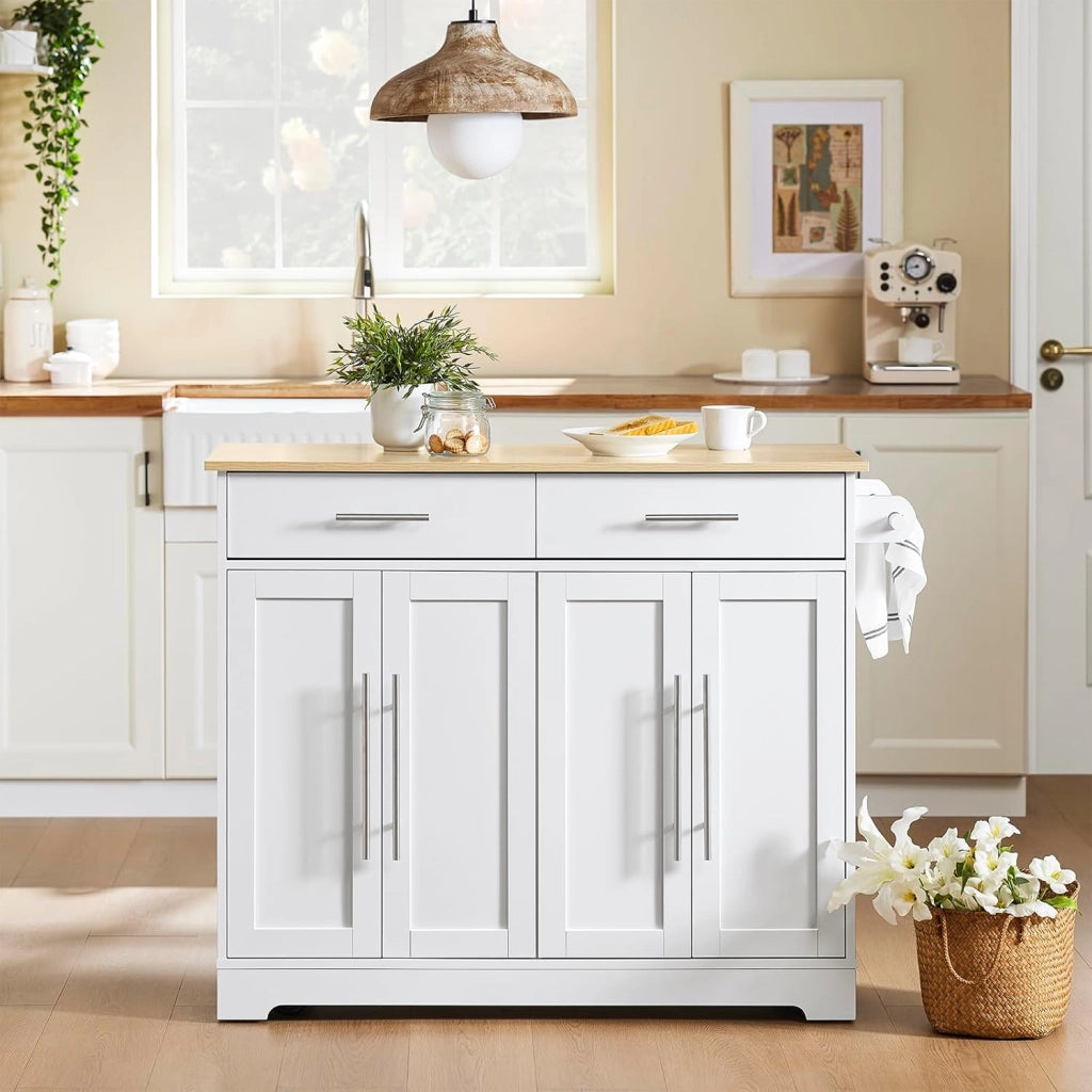 Carrello Cucina con Ruote, Isola Cucina con Piano di Lavoro Estensibile in Legno, 2 Cassetti e Ripiani Regolabili Credenza Cucina Salvaspazio Penisola Cucina Bianco 113x(44-69) x91 FKW129-WN