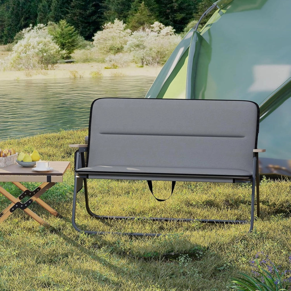 Sedia da Campeggio Pieghevole a 2 Posti, Panca da Campeggio con Cuscino Rimovibile, Tasca Laterale, Braccioli, Sedia da Giardino Portatile a Carico Pesante per Esterni, Portata 300 kg