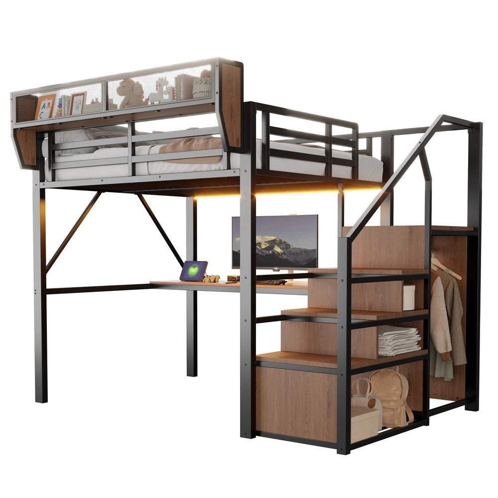 Letto a soppalco con LED e scrivania ¨C Minimal ¨C Nero metallo 140x200cm