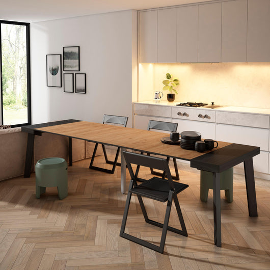 Consolle allungabile, 302x90x73cm, Per 14 persone, Gambe in legno, Nero e colore Rovere RF3053