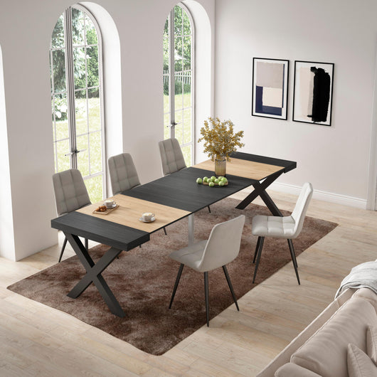 Consolle allungabile, 58 fino 302x90x73cm, Per 14 persone, Gambe in legno, colore Rovere e nero RF2832