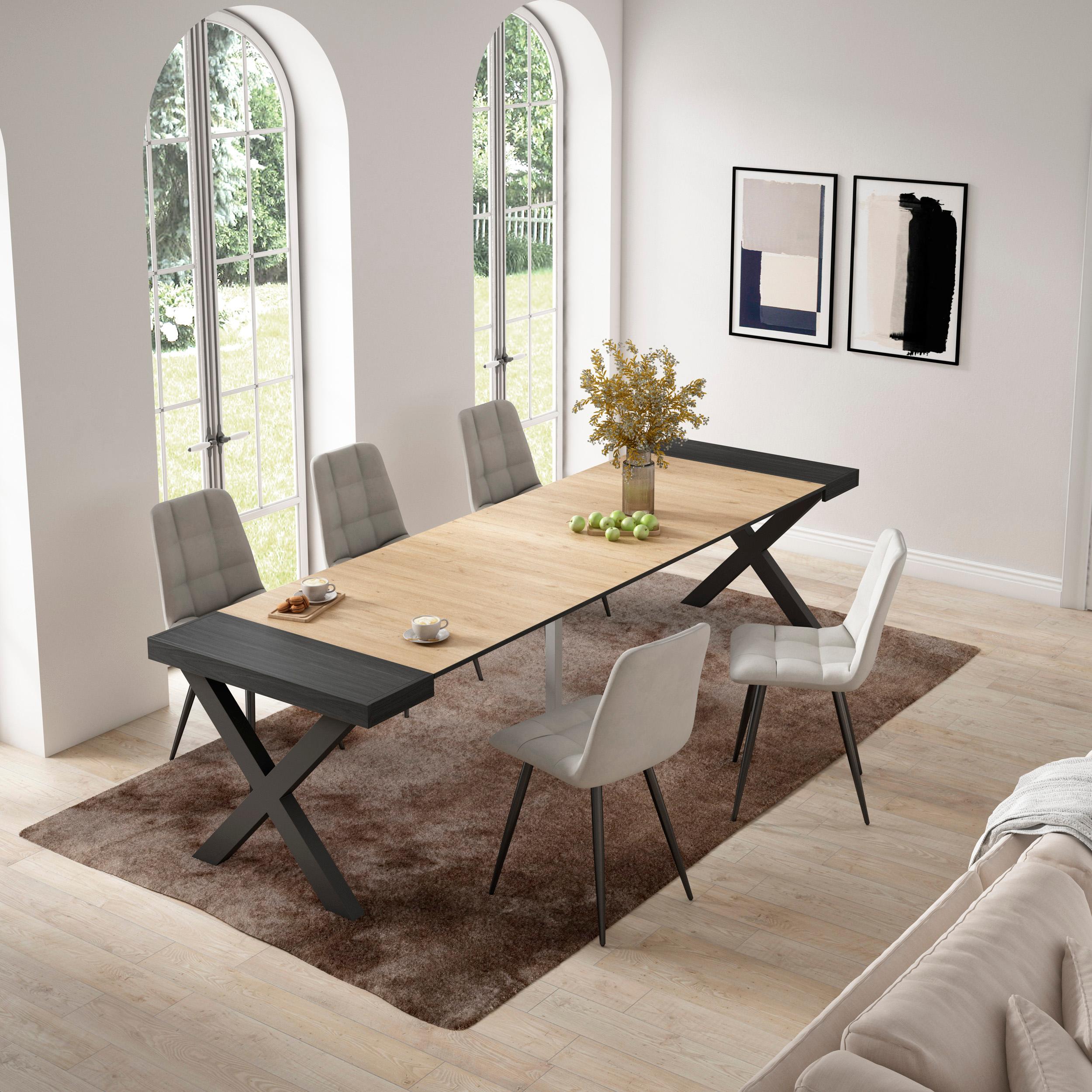 Consolle allungabile, 58 fino 302x90x73cm, Per 14 persone, Gambe in legno, Nero e colore Rovere RF2831