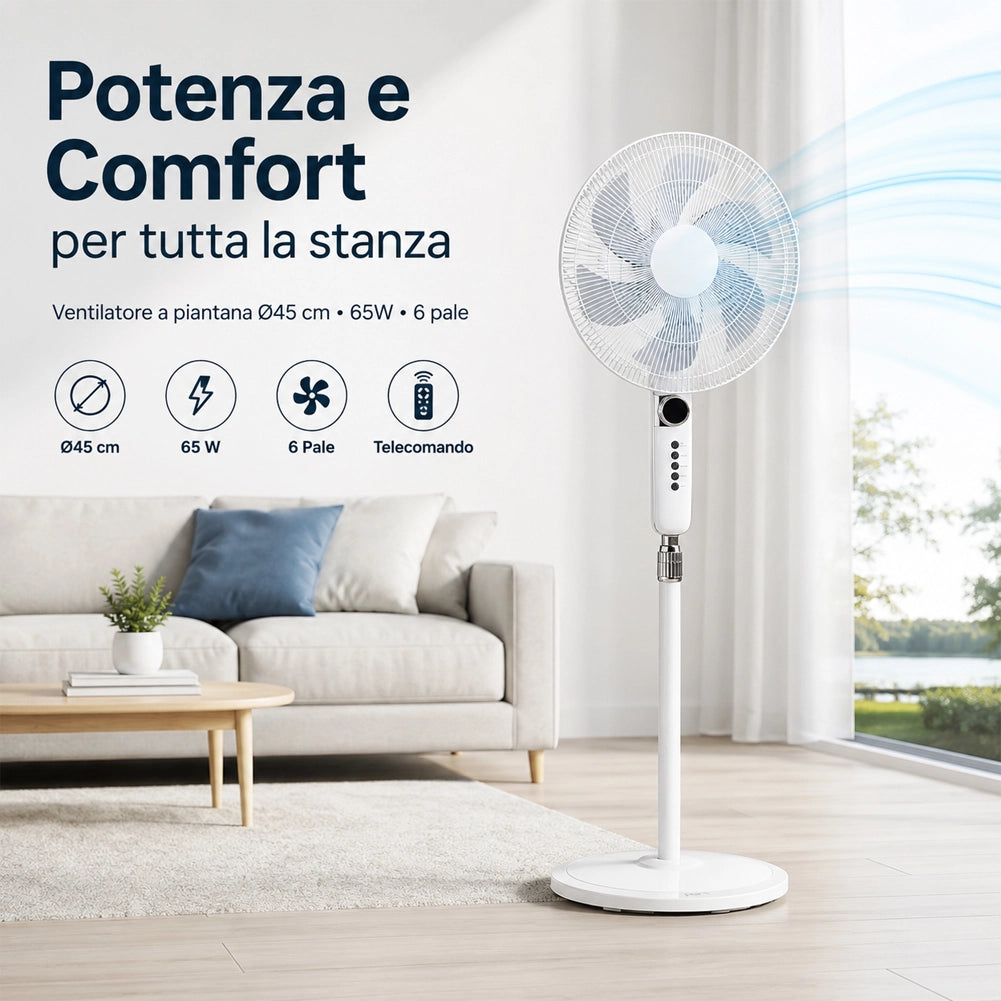 Ventilatore a Piantana con Telecomando e 6 Pale Altezza 144 cm 65W Diametro 45cm