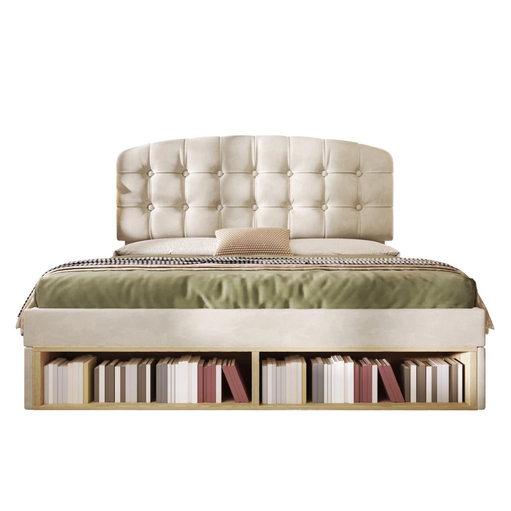 Letto Matrimoniale 140x200 Imbottito in Velluto Beige con Cassetti e Testiera Regolabile