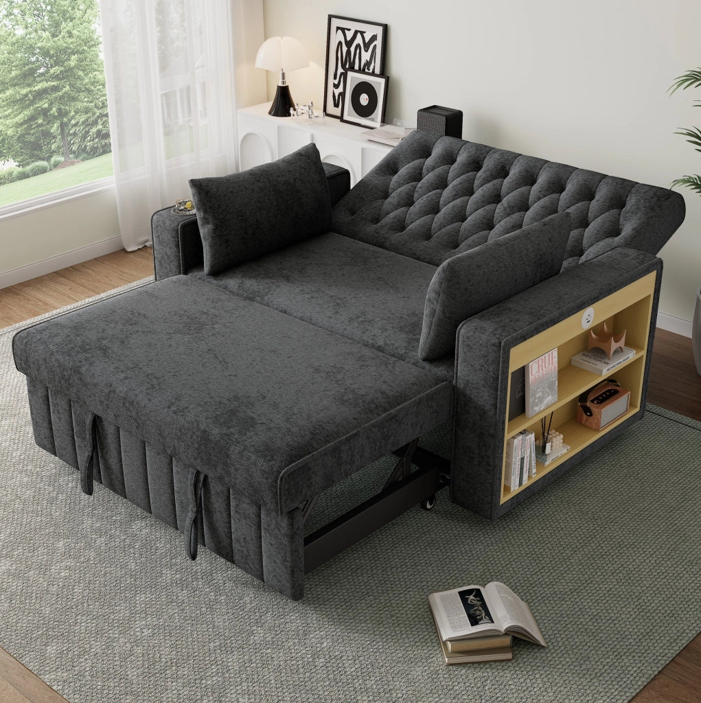 Divano letto 140x137x84 cm in ciniglia grigia con contenitore， USB e 2 cuscini