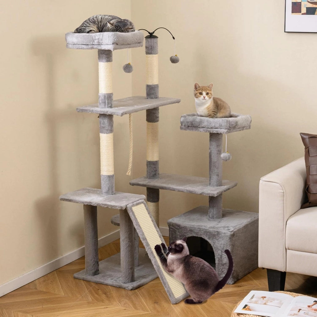 Albero per Gatti Alto 136 cm, Tiragraffi per Gatti da Interno con Tiragraffi, Rampa, 2 Posatoi Imbottiti, Ampio Condo, Palline Pendenti, Corda Appesa e Piattaforma Multilivello (Grigio Chiaro)