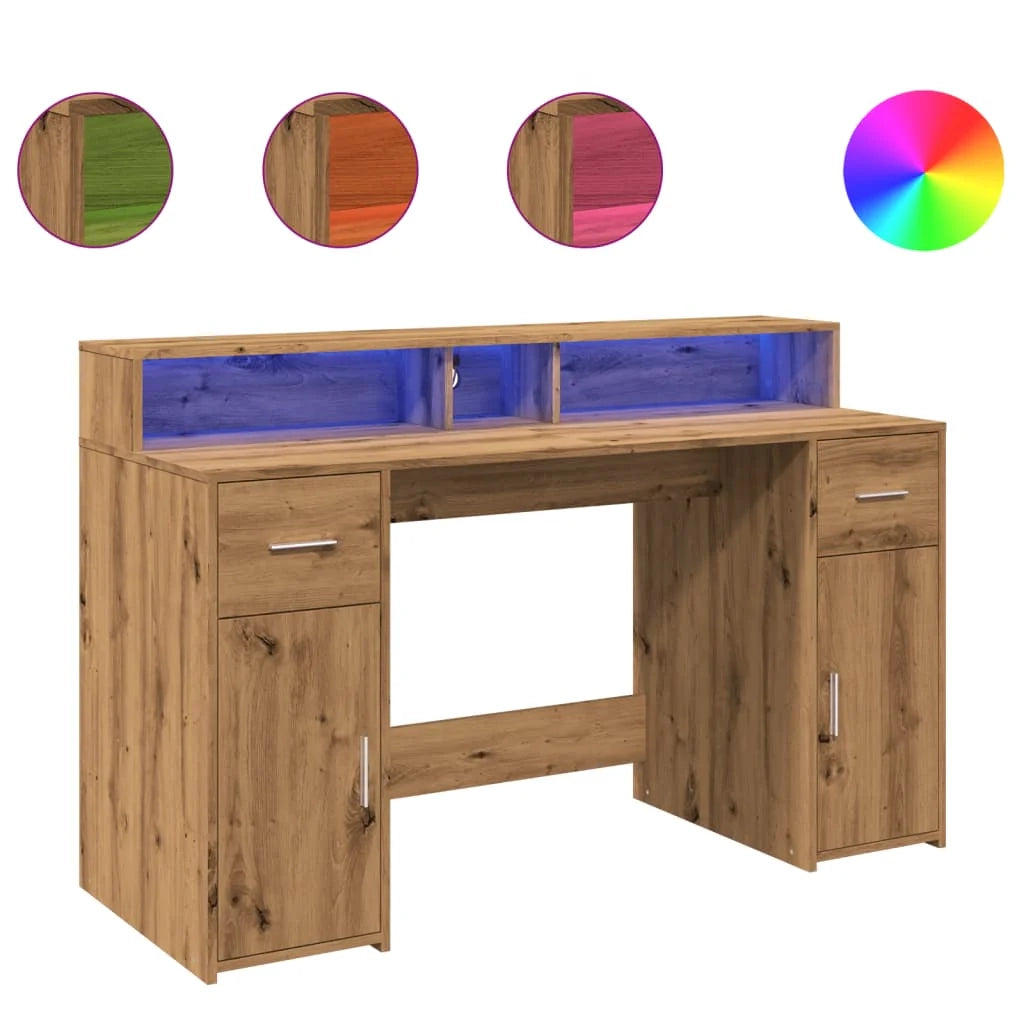 Scrivania da ufficio postazione di lavoro mobile per computer scrivania da studio con luci a LED rovere lavorato a mano legno marrone ingegnerizzato 02_0023417