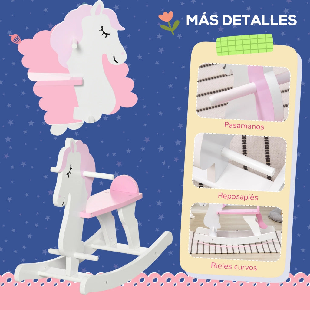 Cavallo a Dondolo Bambini Legno con Manubrio e Pedali ¨C zephmum ¨C 68x27x46,5cm Bianco Rosa