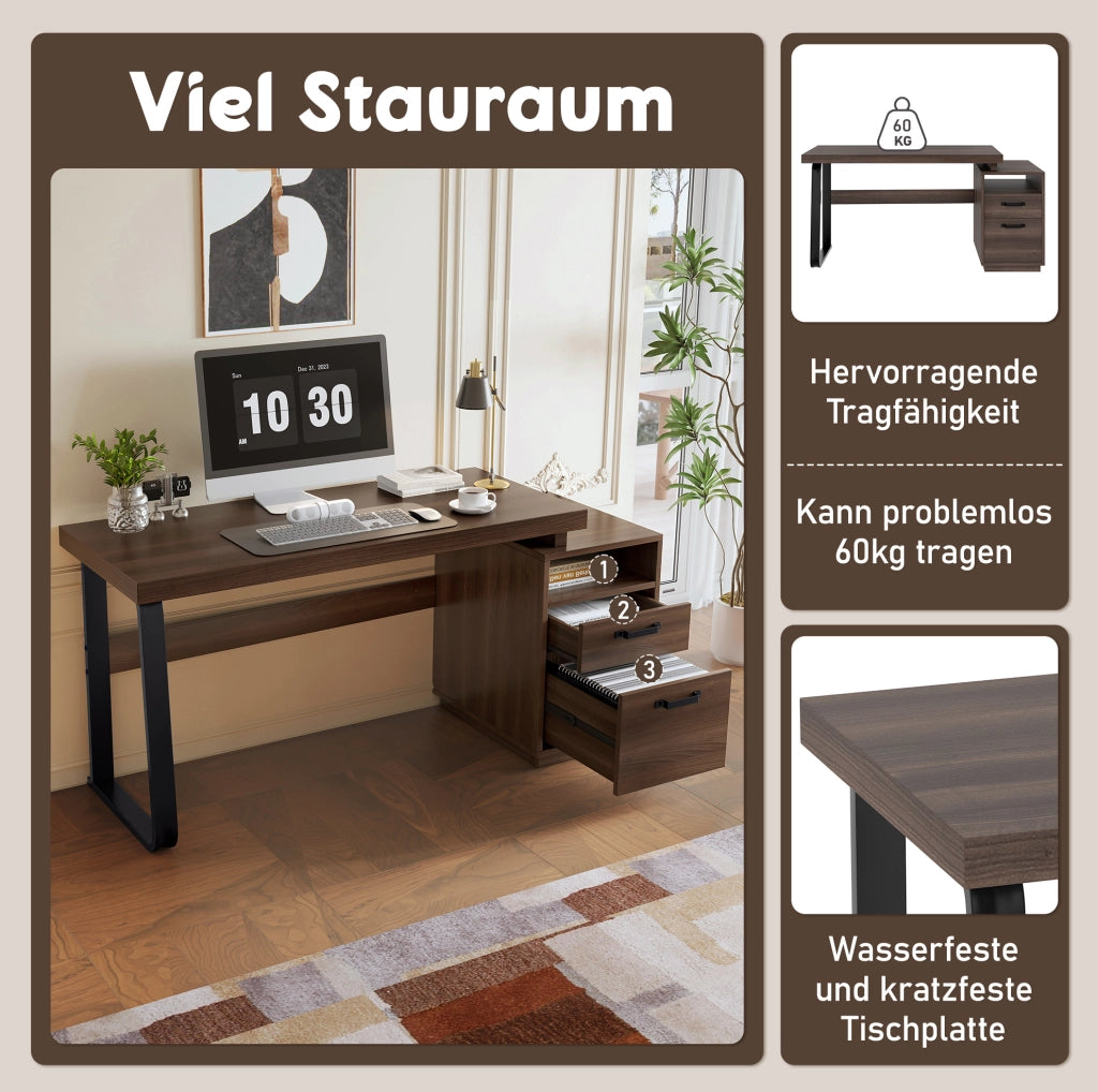 Scrivania marrone 135 x 54 cm in MDF e metallo con cassetto e vani
