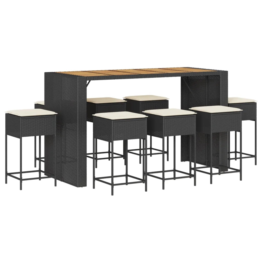 Set Bar da Giardino 9 pz con Cuscini in Polyrattan Nero