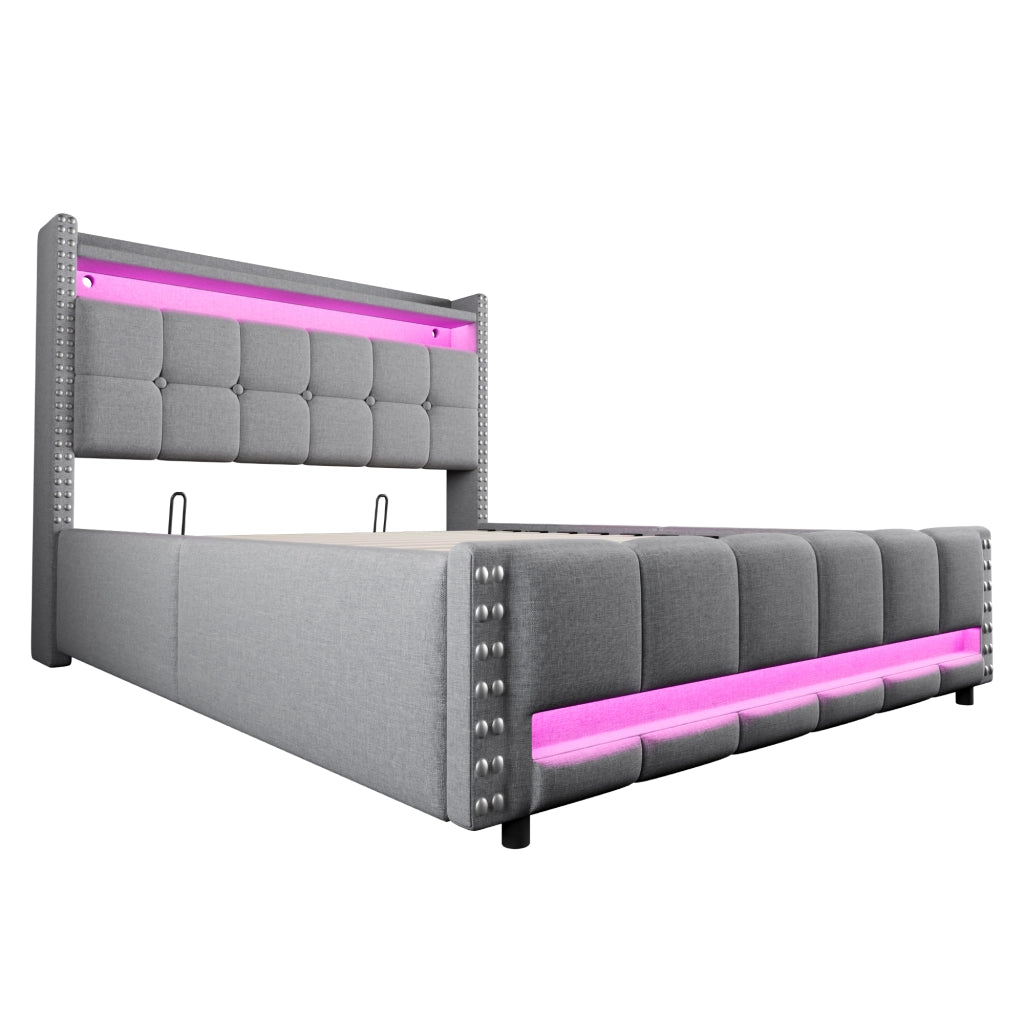 Letto matrimoniale imbottito 140 ¡Á 200 cm con LED multicolore, USB, contenitore idraulico e testiera con ripiani