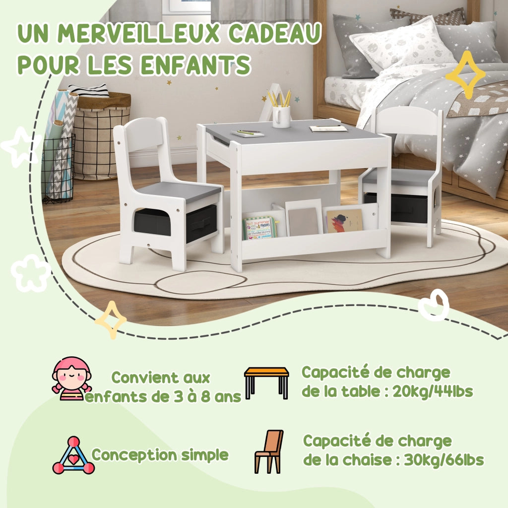 Set tavolo e sedie bambini con piano lavagna, scaffale e cestino ¨C zephmum ¨C Bianco