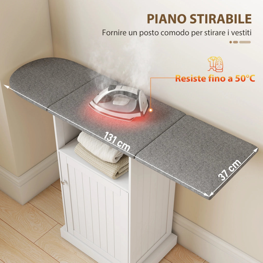 Mobile Asse da Stiro Pieghevole 121x37x89 cm a Rotelle con Ripiano Aperto e Armadietto in MDF Bianco e Grigio