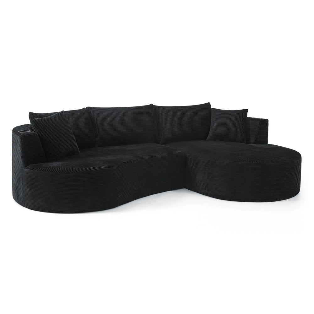 Divano Angolare 3 Posti con Chaise Longue, Velluto a Coste, Cuscini e Portabicchieri ¨C Xylo ¨C Nero