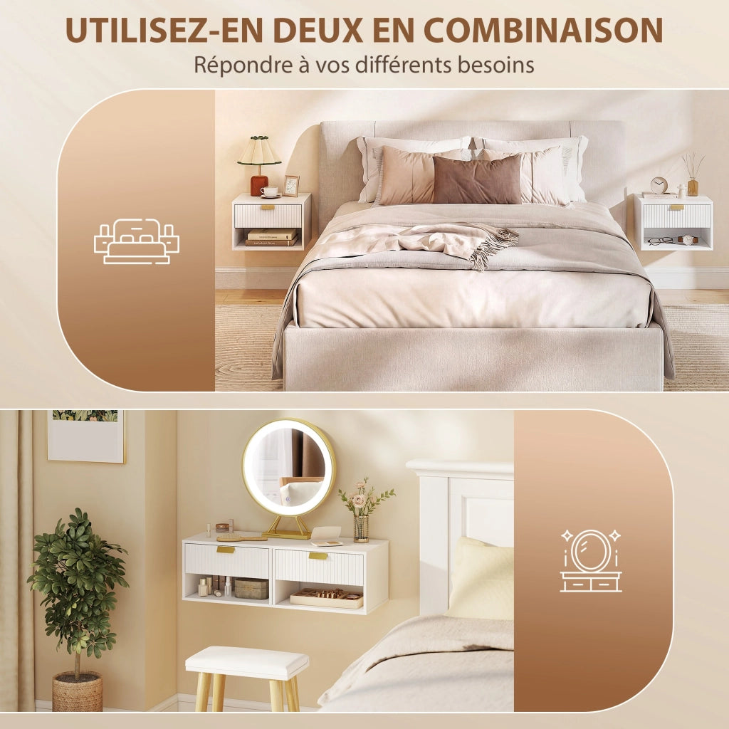 Comodino a muro con cassetto e ripiano ¨C Zephmum ¨C Bianco 40x30x25 cm