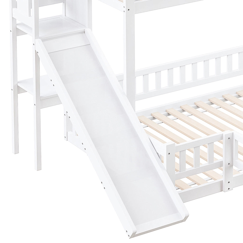 OKWISH Letto a Castello 140×200 cm, Letto Matrimoniale con Scivolo, Scala e Mensole, senza Materasso, in Pino e MDF, Bianco