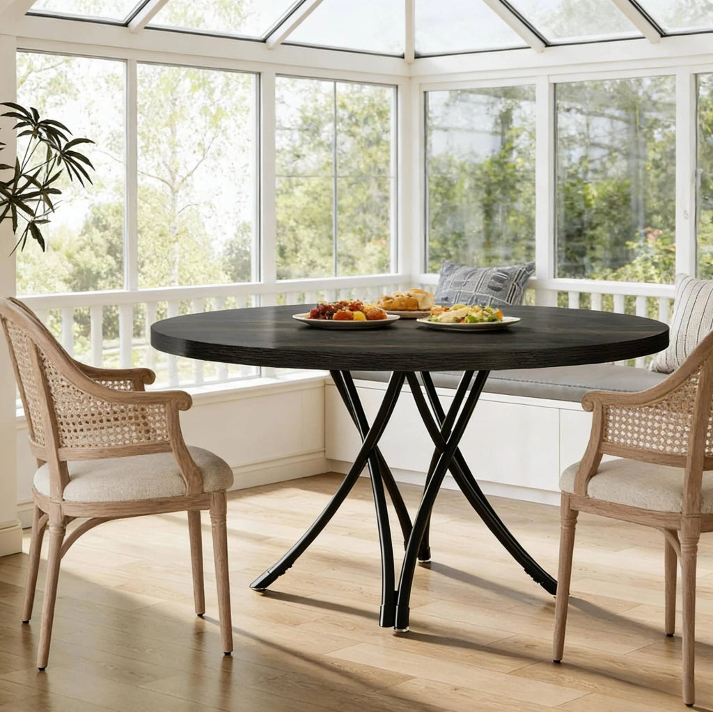Tavolo da pranzo rotondo nero 120 cm con gambe a croce, design classico