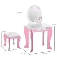 Specchiera Giocattolo Toeletta con Cassetto e Sgabello in Legno, Giochi per Bambine 3-6 Anni Rosa e Bianco