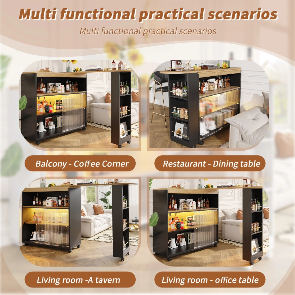 Tavolo Bar Estensibile con 3 Vani e 3 Livelli di Contenimento; LED; Ruote; in MDF; Nero; 138-204x39x105 cm