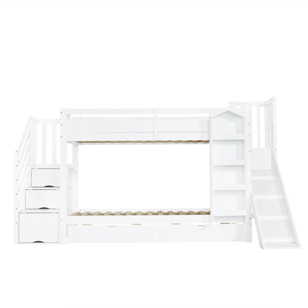 Letto a castello per bambini - Zephmum- Libreria, cassetti, scivolo, in legno, bianco 90x200cm