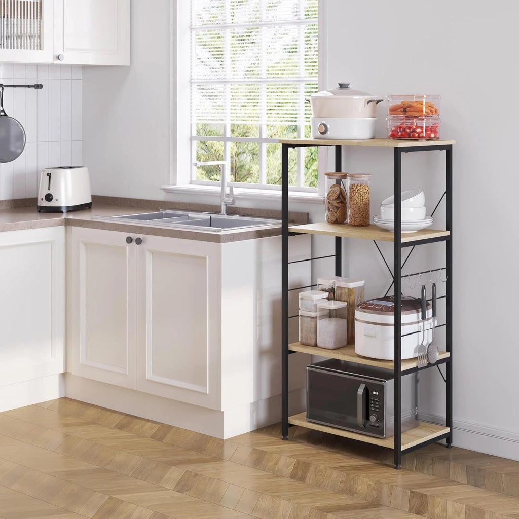 Scaffale per Cucina Carrello Porta Microonde Forno a 4 Ripiani con Ganci in Acciaio Legno