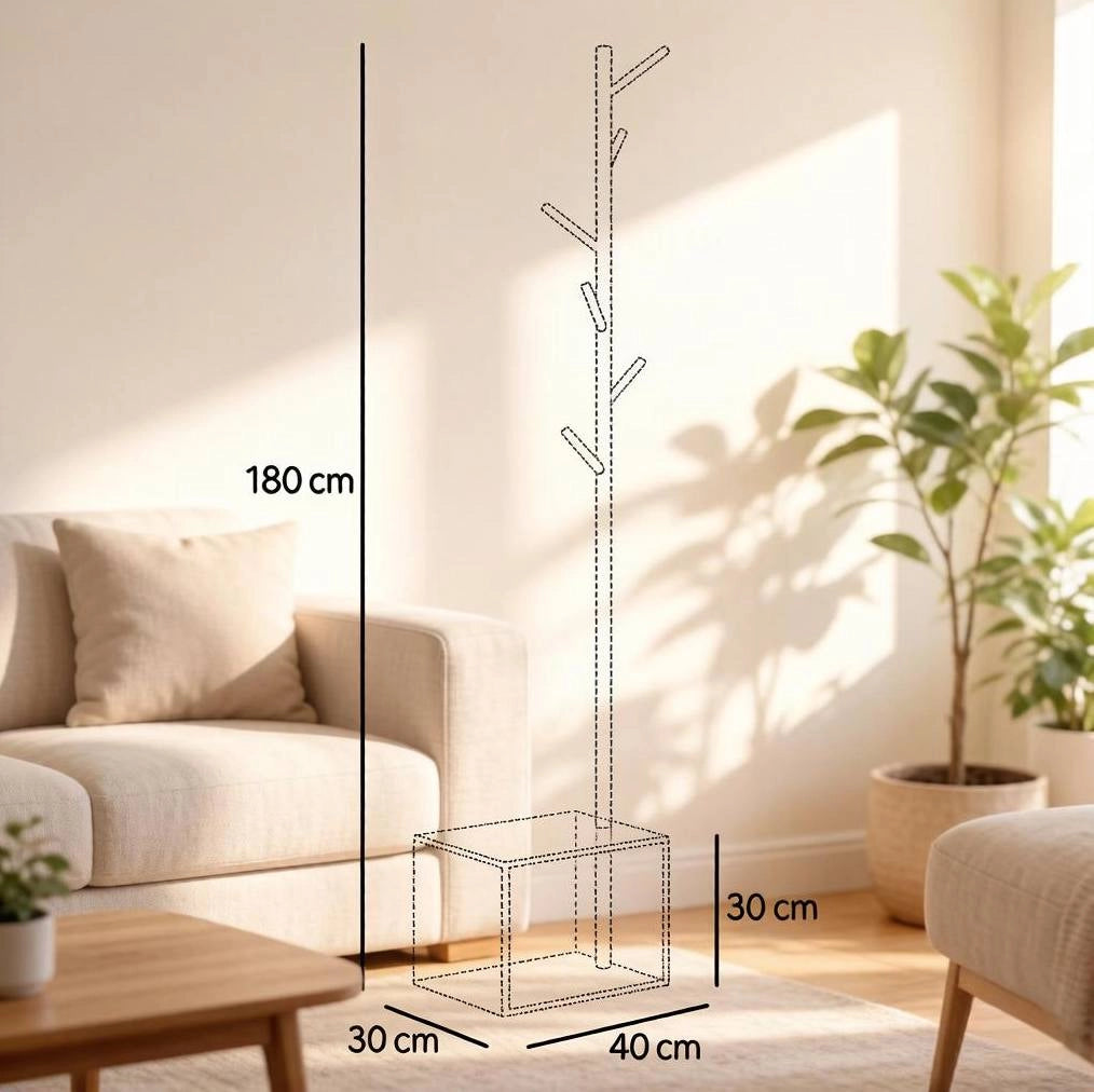 Porta abiti con panca rettangolare in MDF e bambù 40x30x180 cm bianco e bambù