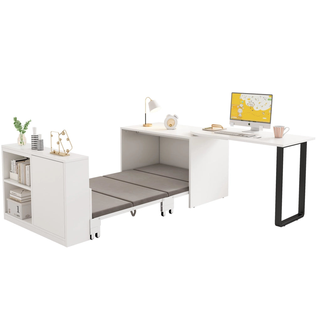 Scrivania con letto pieghevole 216x116x79 cm con ruote e spazio contenitivo in metallo e pannello truciolare bianco