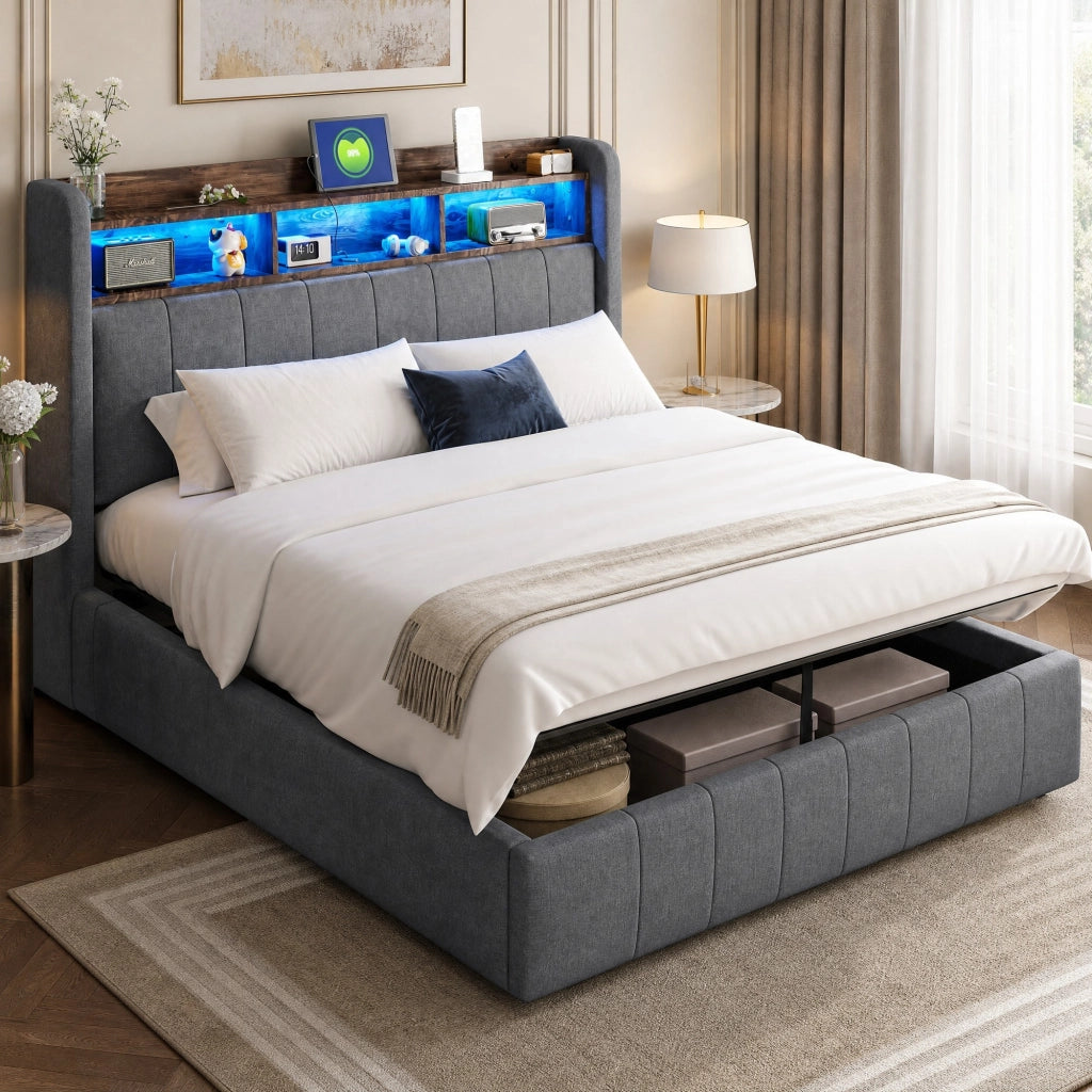 Letto matrimoniale imbottito 140x200 cm con LED, USB e vano contenitore idraulico, grigio
