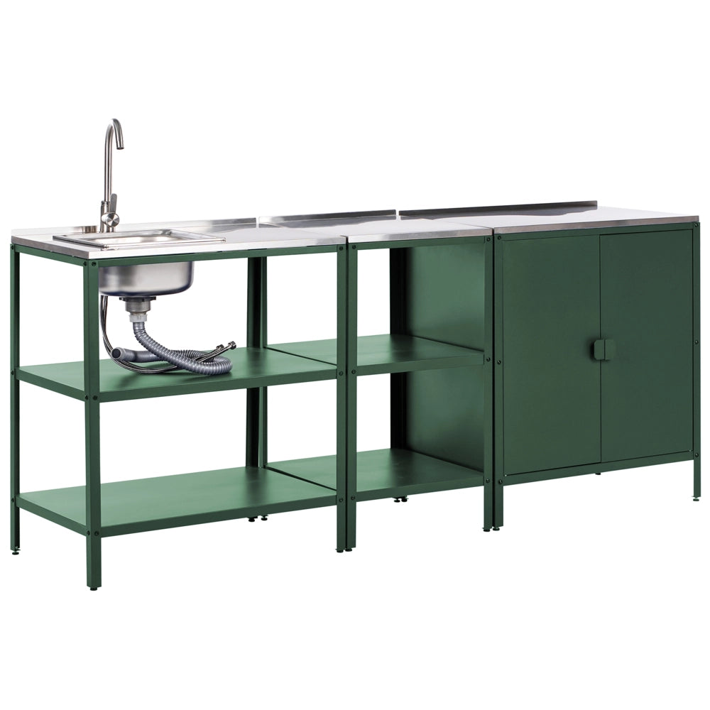 Set cucina da esterno 3 elementi in acciaio inox nero 2 armadietti portaoggetti e lavello leva cucino da esterno