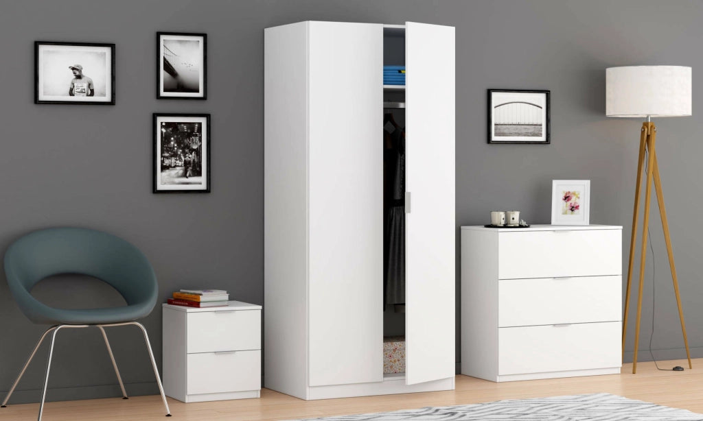 Guardaroba Avik, Armadio per camera da letto a 2 ante battenti, Mobile per camera da letto con 1 ripiano e barra appendiabiti, cm 82x52h180, Bianco
