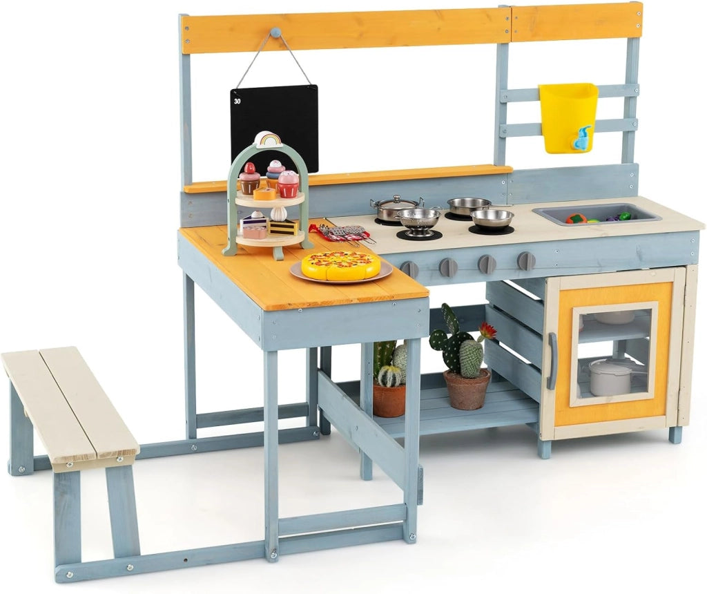 Cucina Giocattolo per Giardino con Tavolo e Panchina da Picnic, Cucina per Bambini in Legno di Abete con Fornelli, Lavandino, Lavagna e Forno, con 17 Accessori, 150 x 71 x 98 cm (Grigio 1)