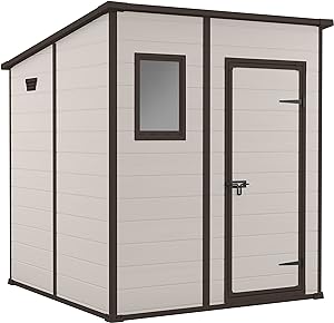 Keter Casetta da Giardino Manor Pent 6x6, Finitura Effetto Legno Graffiato, Beige, 183,5x185x200H Cm