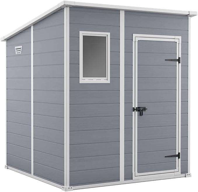 Keter Casetta da giardino Manor Pent 6x6, Finitura Effetto Legno Graffiato, Grigia, 183,5x185x200 H Cm