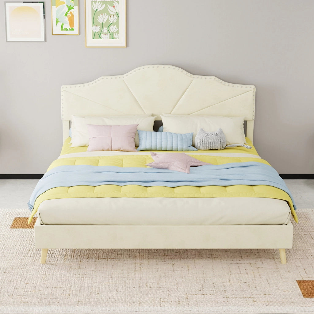 Letto imbottito con testiera geometrica 160 x 200 cm; rivestimento beige
