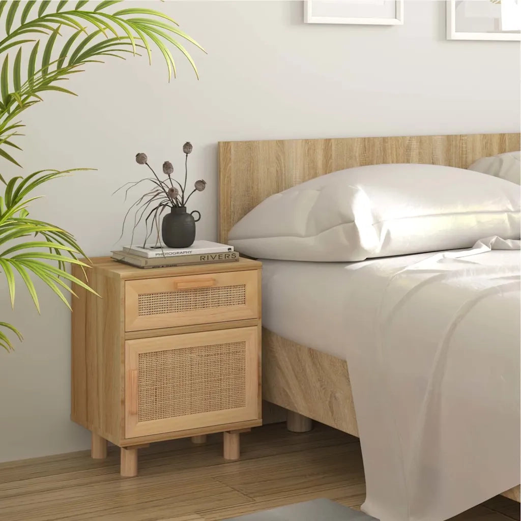 Comodini 2 pz-Set di 2 Tavolino da notte Marroni Legno Massello di Pino e Rattan Naturale
