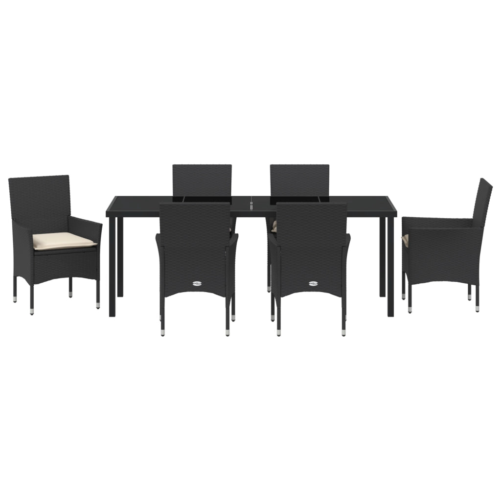 Set da Pranzo da Giardino 7 Pezzi con Cuscini Rattan Poliestere Nero