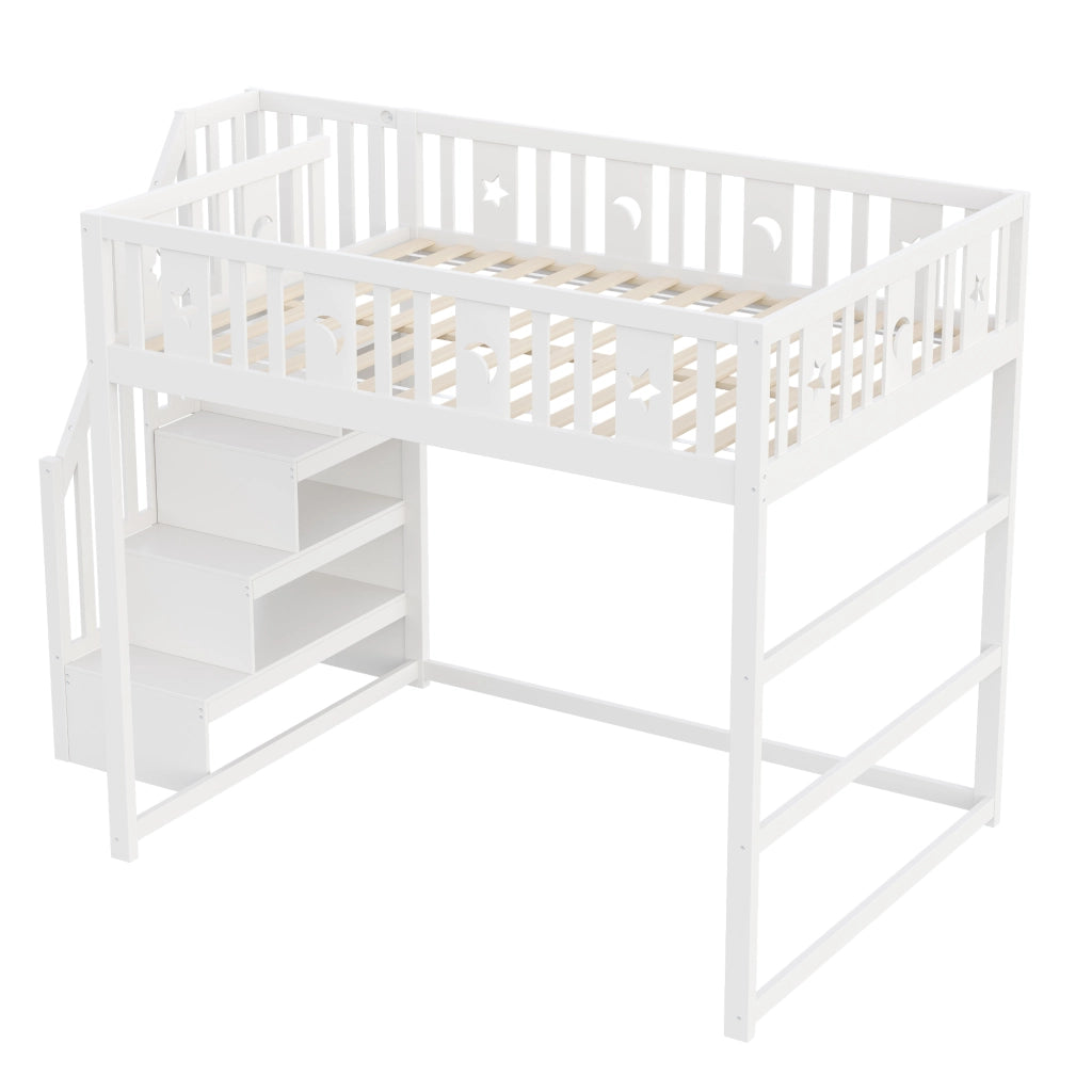 Letto a soppalco singolo 140×200 cm con scala; ripiani e barriera; senza materasso; legno massiccio; bianco
