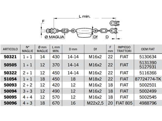 Catena imbrigliamento sollevatore FIAT maglie 12-18mm L 370-670mm M16x2-M22x2,5 - 50095