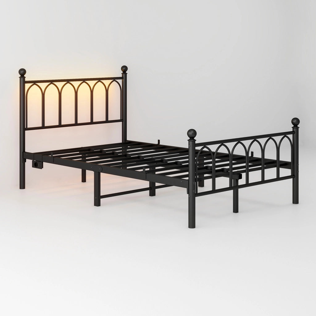 Letto matrimoniale in metallo 120x200 cm con LED, USB, presa, testiera alta, nero