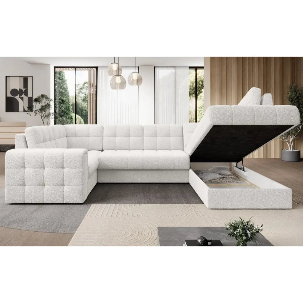 Divano ad angolo convertibile MONTEZA bianco bouclé 299 cm con vano contenitore e letto