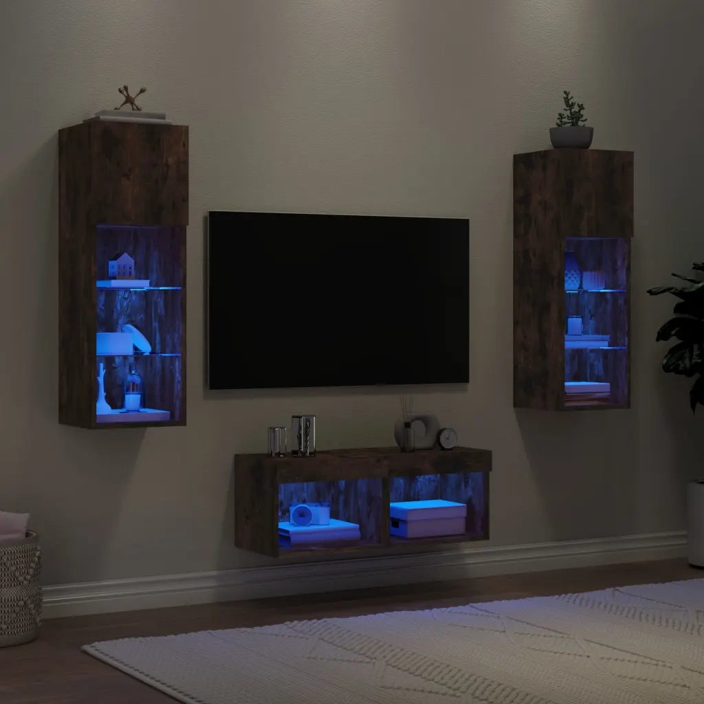 vidaXL Mobili TV a Muro 4pz con Luci LED Rovere Fumo