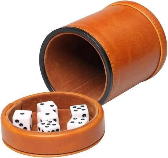 Scatola per dadi Kunstleer Dobbelbeker con coperchio - 6 Dadi - Interno di velluto - Scuotimento silenzioso - Yahtzee per tavola da gioco - Giochi da tavolo - Scatola per dadi in legno marrone