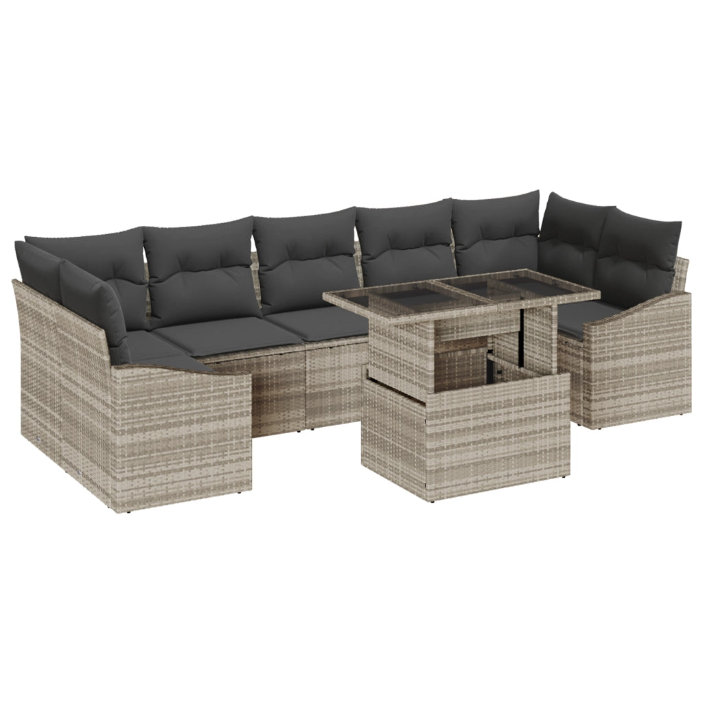 Set di divani da giardino 8 pezzi con cuscini Grigio chiaro in Polyrattan