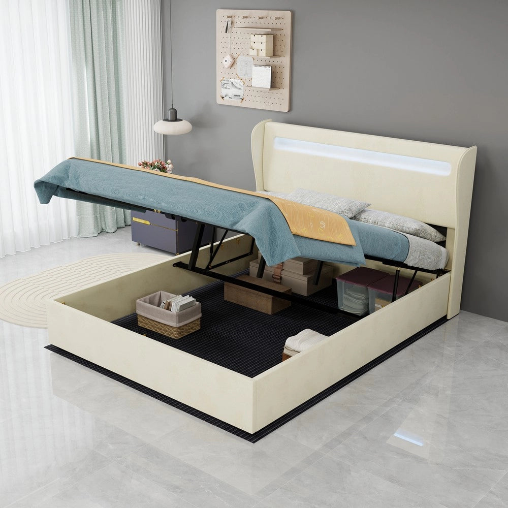 Letto Contenitore Imbottito con Testiera LED ¨C MINIMAL ¨C Velluto Beige 140x200
