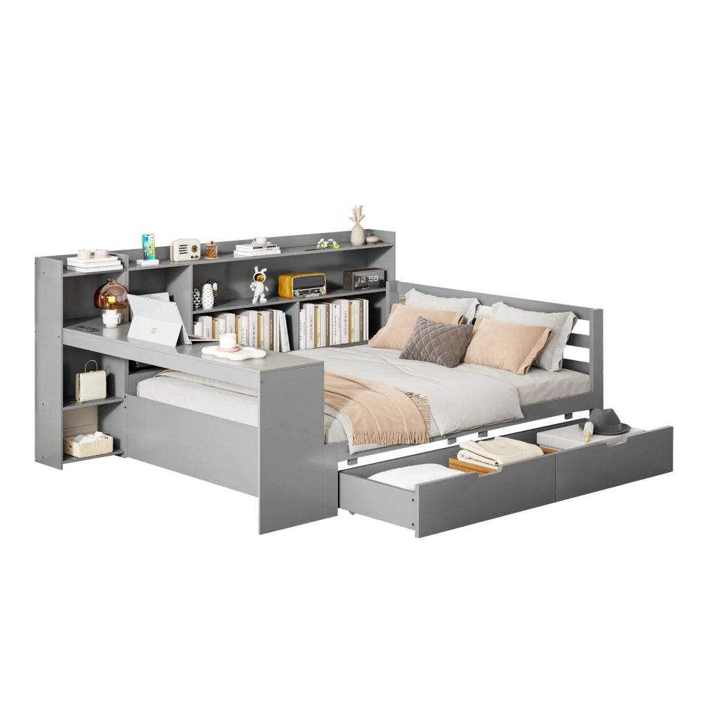 Letto divano 140 × 200 cm con scrivania, scaffali, 2 cassetti, prese USB e contenitore, senza materasso, grigio