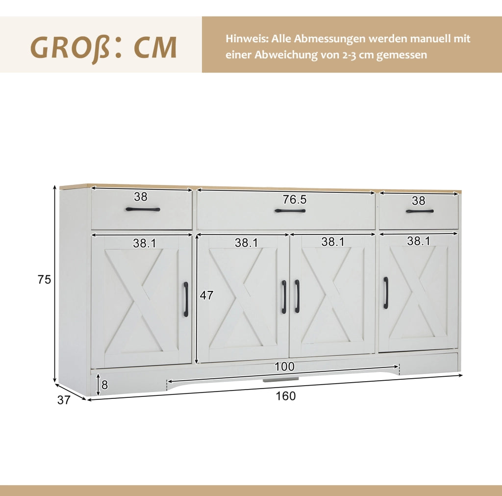 Credenza bianca in MDF con 3 cassetti e 4 ante