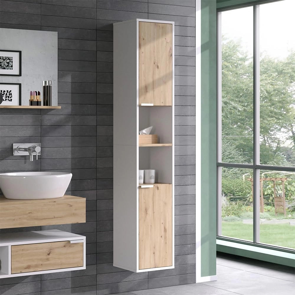 Armadio per il bagno Henri, Bianco, 30 x 165 cm con ante e vani a giorno, per il montaggio sotto il lavandino con ritaglio per sifone