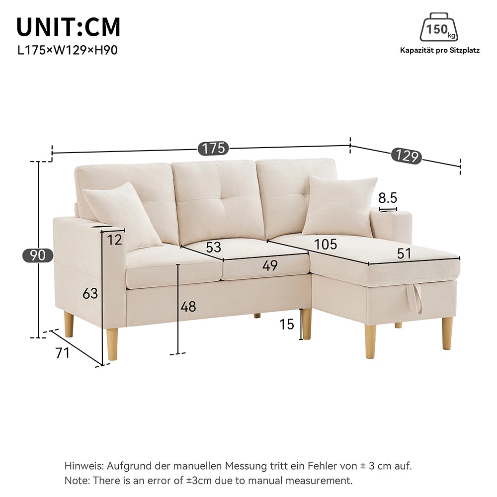 Divano L - Xylo - 3 posti con chaise longue porta-bicchieri