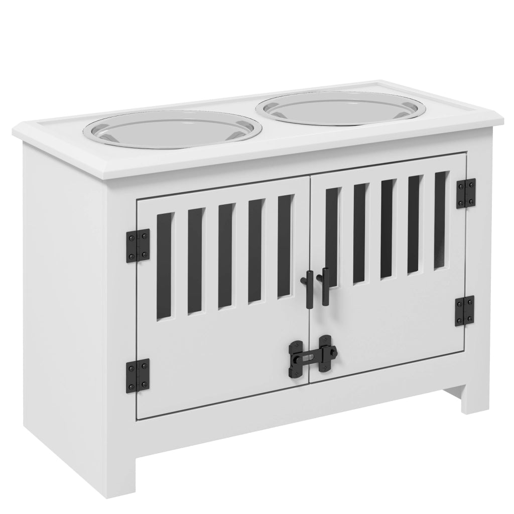 Scaffale rialzato per cani con ciotole da 2.000 ml in acciaio inox e vano portaoggetti bianco 60 × 30 × 43 cm